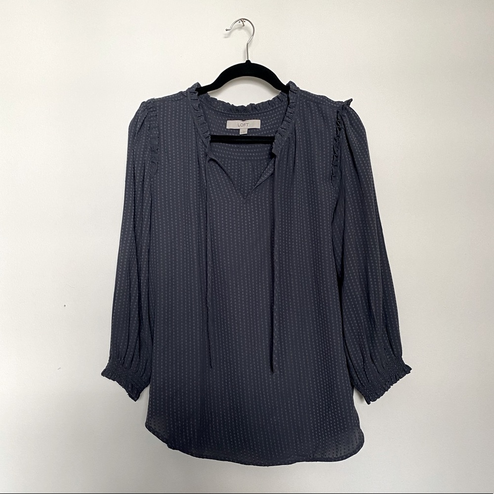 LOFT Charcoal 3/4 Sleeve Tie Neck Blouse